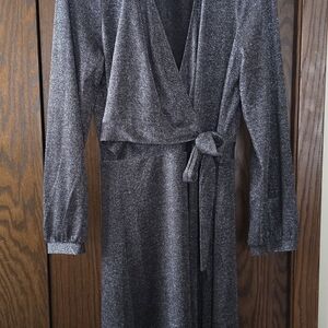 Pleione Dark Gray Shimmery Wrap Dress NWT